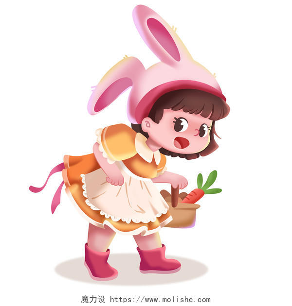 儿童节夏天兔子女孩可爱裙子笑容胡萝卜服装衣服围裙公主人物卡通插画